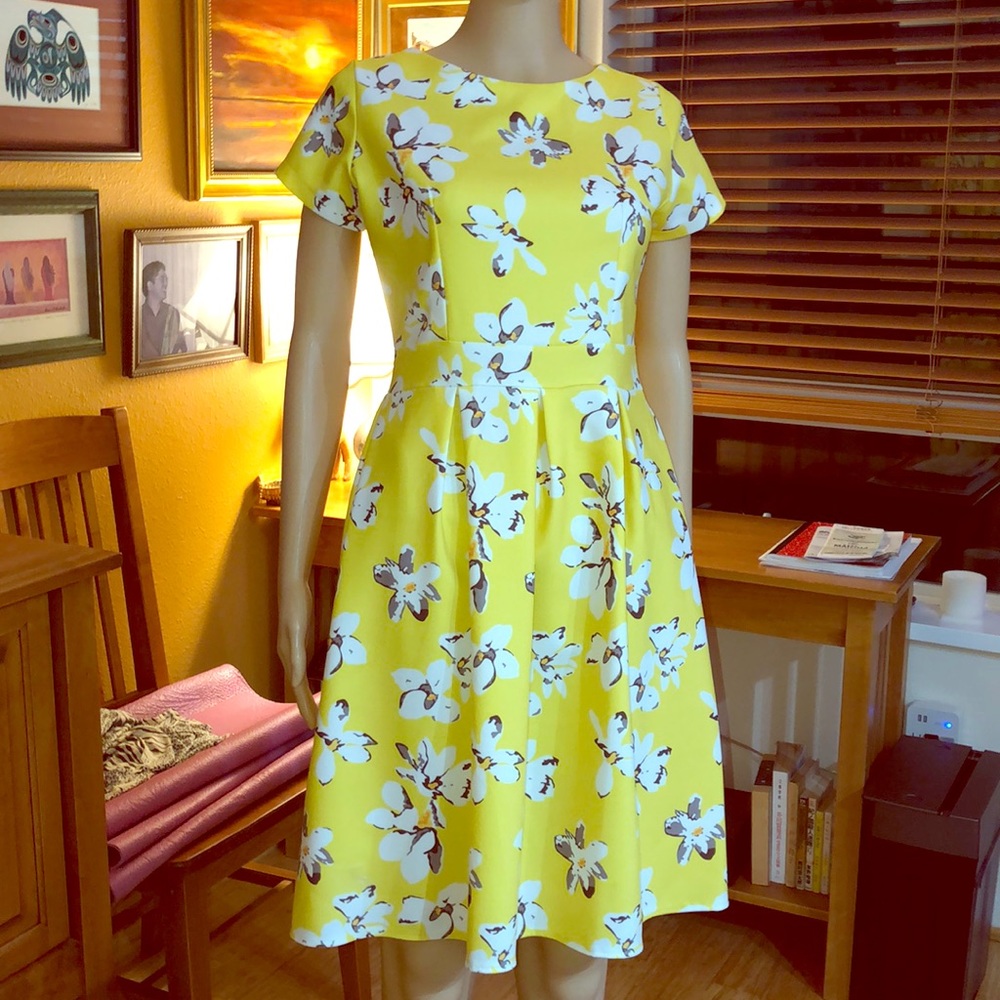 Bright Yellow, off white ,brown. ZARA Dress.